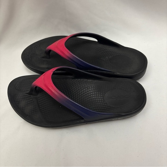 OOFOS OOLALA Luxe Women’s Size 8 Thong Recovery Sandals Flamingo Pink Blue - Picture 3 of 12